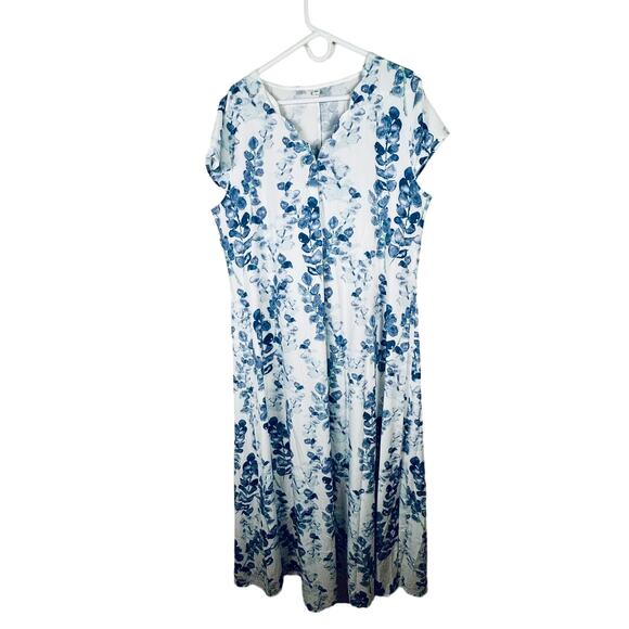 Floral Womens Sz XXL Caftan Muumuu Maxi Dress Tall White Blue Cover Up - Picture 1 of 4